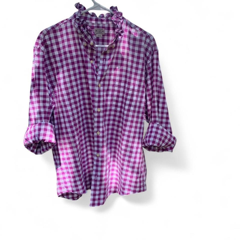 JCrew Ruffled Purple White Checked Button Up Shirt - Picture 3 of 6
